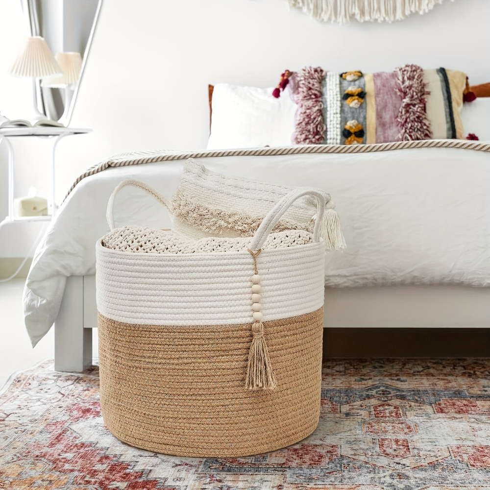 Aufbewahrungskorb Baumwollseil – Boho-Stil mit Griffen - Zorenza