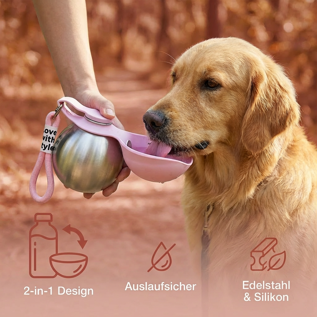 Hunde-Trinkflasche für unterwegs mit integriertem Silikonnapf -    Zorenza