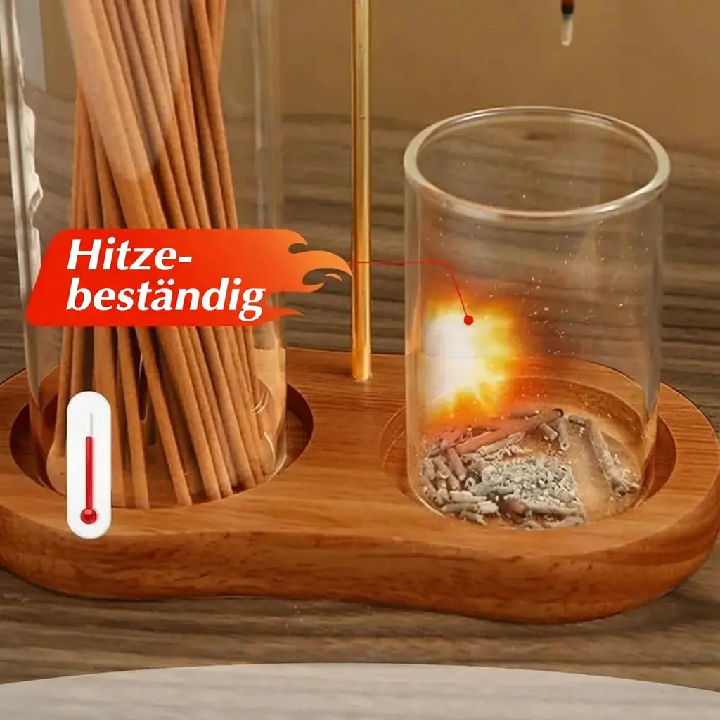 Räucher- und Kerzenhalter aus Glas und Holz Zorenza