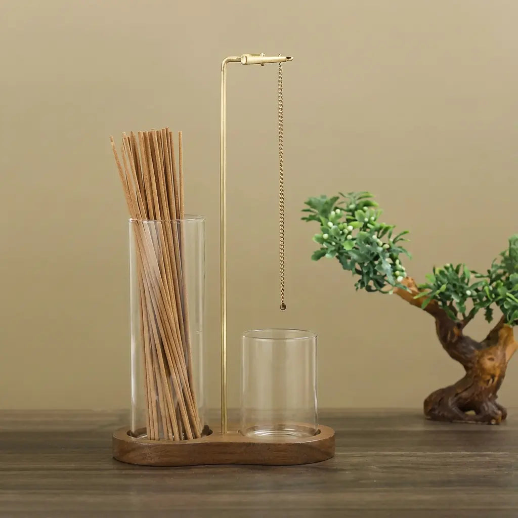 Räucher- und Kerzenhalter aus Glas und Holz Zorenza