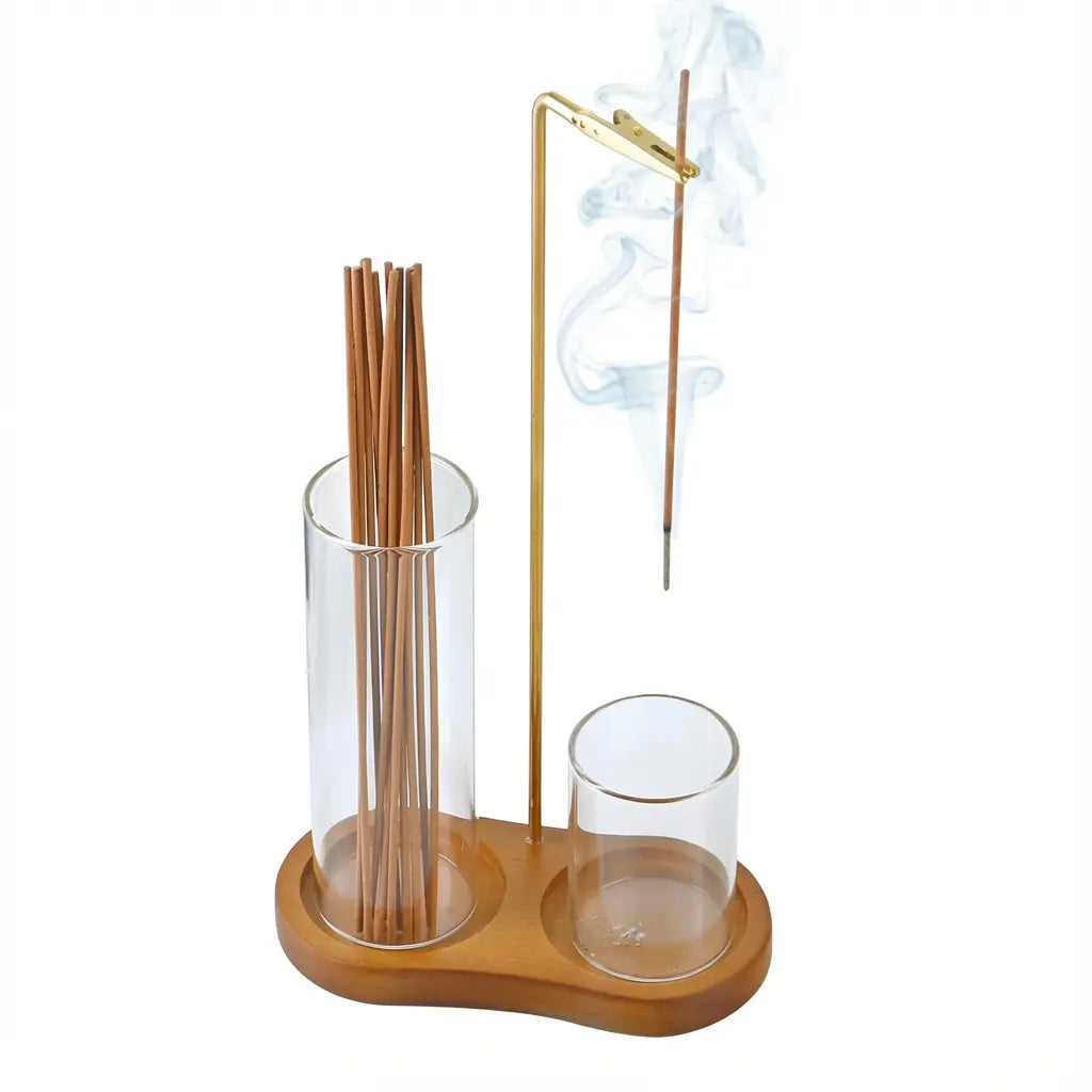 Räucher- und Kerzenhalter aus Glas und Holz Zorenza