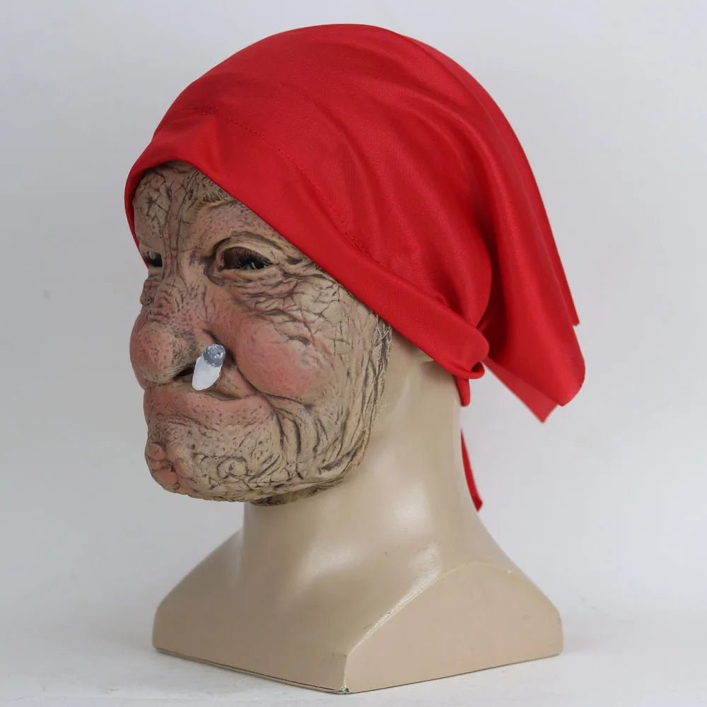 Latexmaske Oma faltiges Gesicht mit roter Kopfbedeckung -    Zorenza