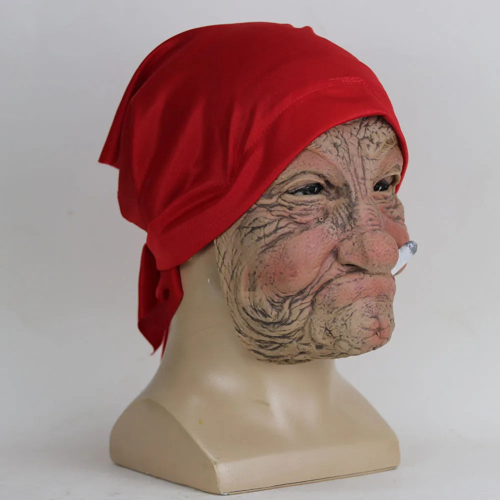 Latexmaske Oma faltiges Gesicht mit roter Kopfbedeckung -    Zorenza
