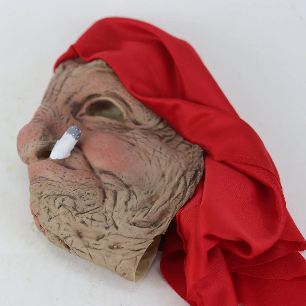 Latexmaske Oma faltiges Gesicht mit roter Kopfbedeckung -    Zorenza