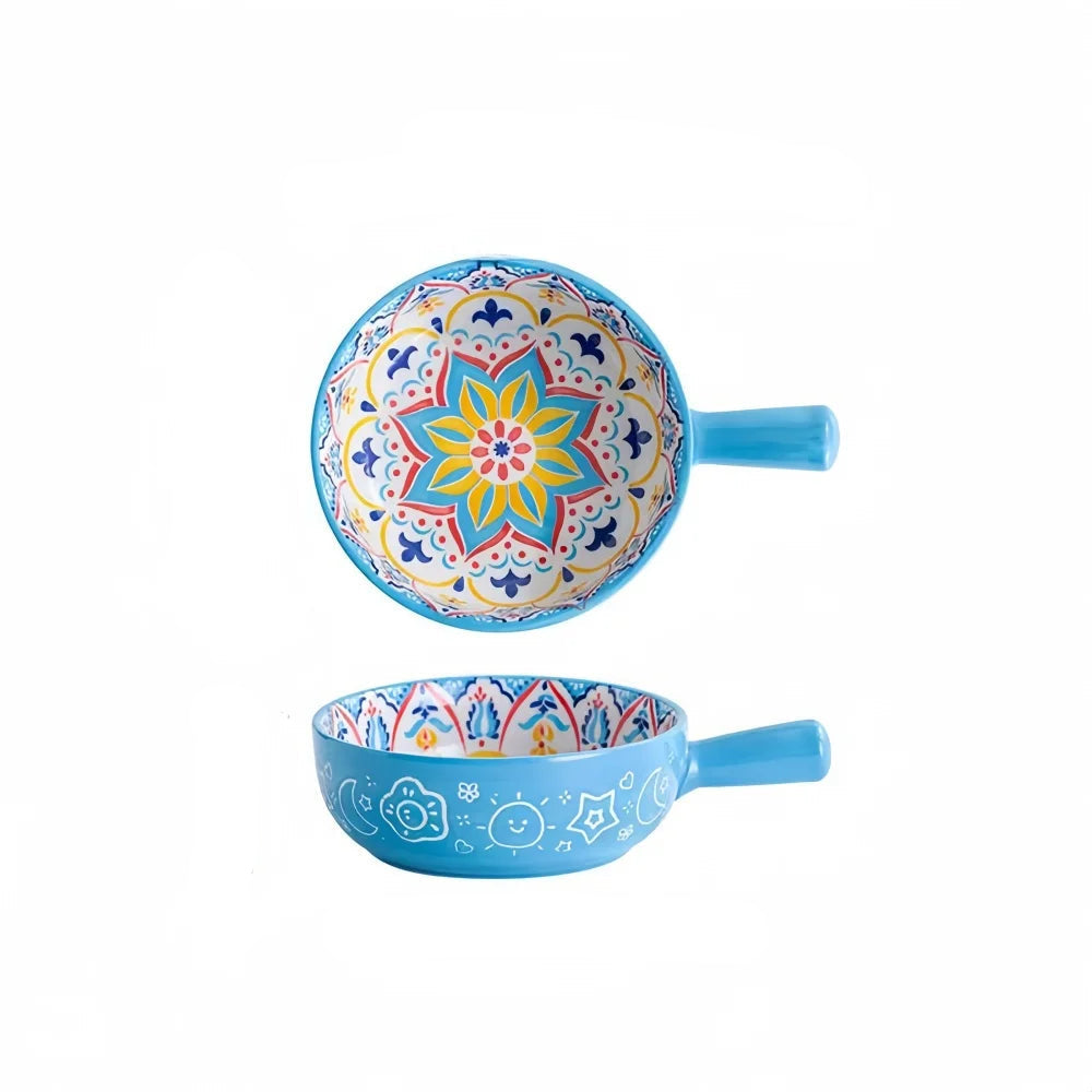 Keramikschüssel mit Griff – Handbemaltes Boho-Design -    Zorenza