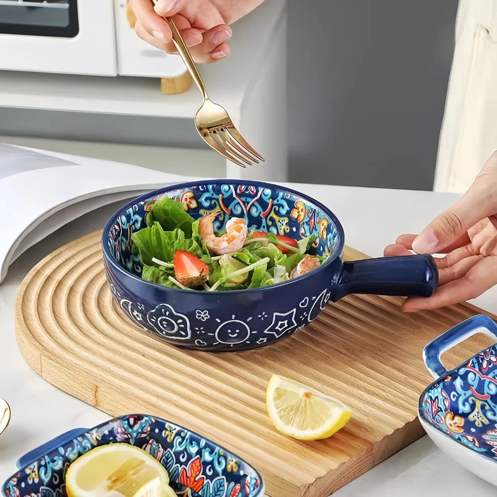 Keramikschüssel mit Griff – Handbemaltes Boho-Design -    Zorenza