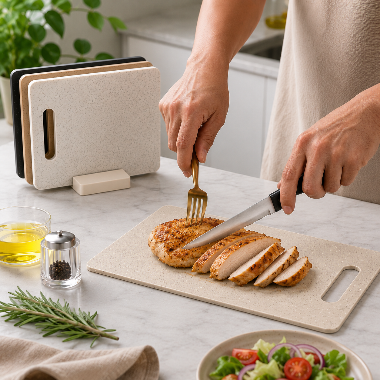 Schneidebrett-Set Marmoroptik 4-teilig mit Halterung -    Zorenza