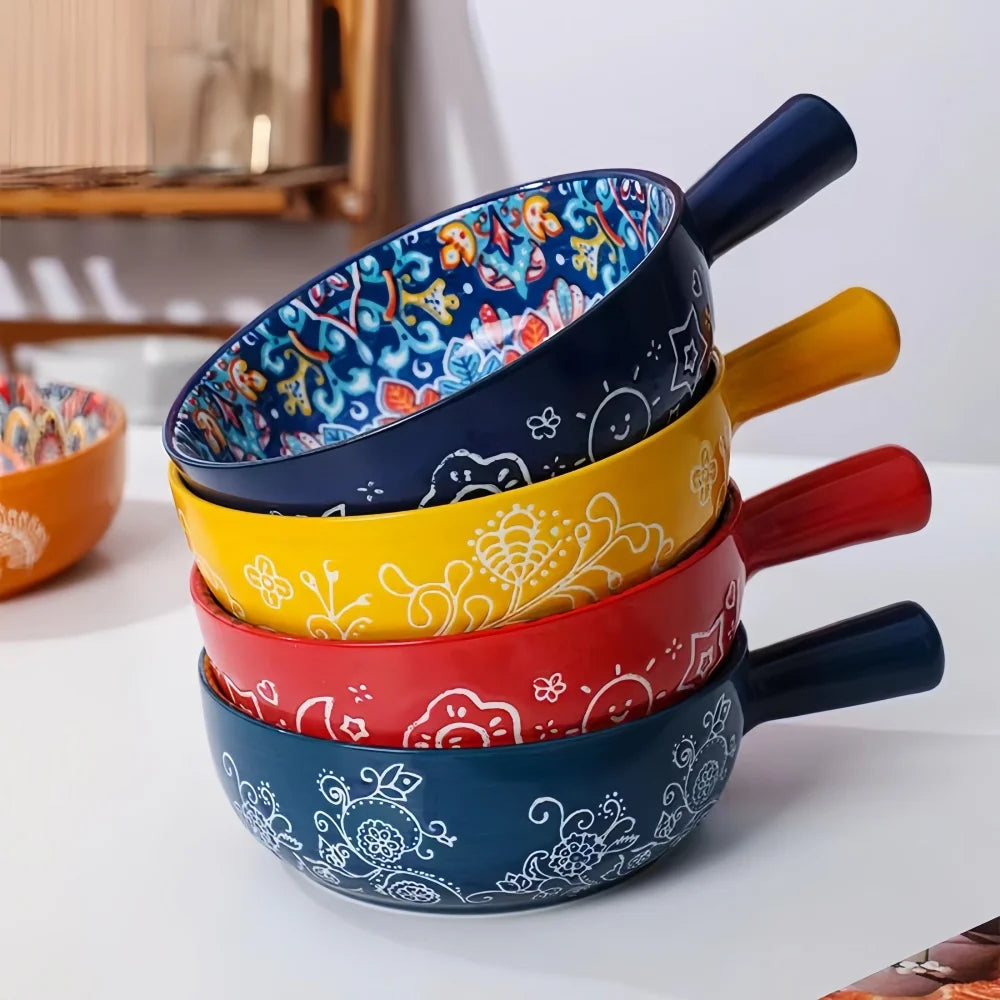 Keramikschüssel mit Griff – Handbemaltes Boho-Design -    Zorenza