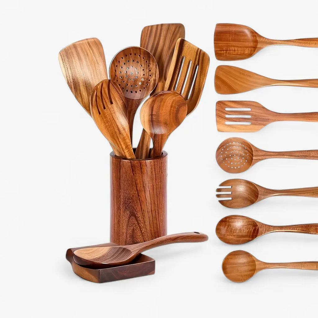 Teakholz Küchenbesteck-Set – 9-teilig mit Halter & Löffelablage Zorenza