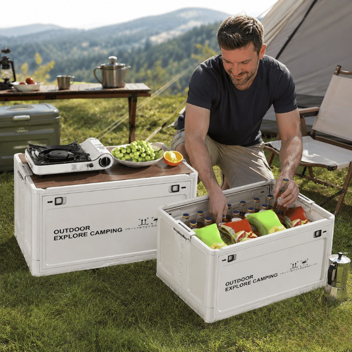 Foldable storage box with wooden lid for camping