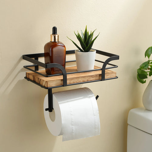 Wandregal mit Toilettenpapierhalter – Metall & Holz Zorenza
