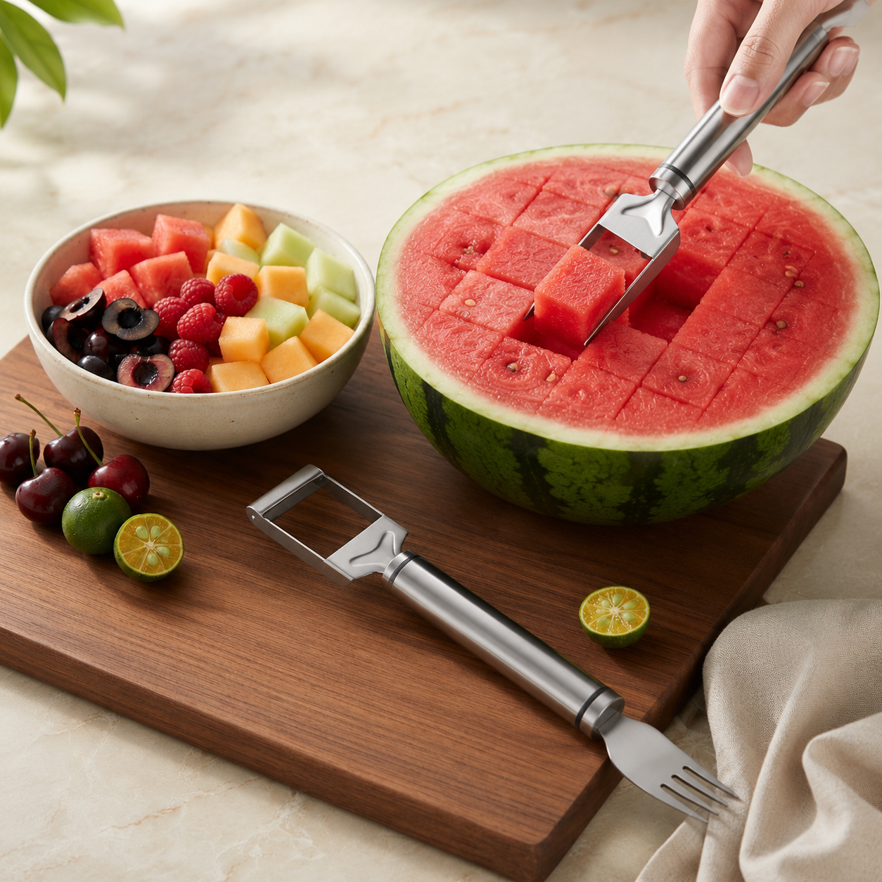 Wassermelonengabel Edelstahl 2-in-1 Schneider und Gabel -    Zorenza