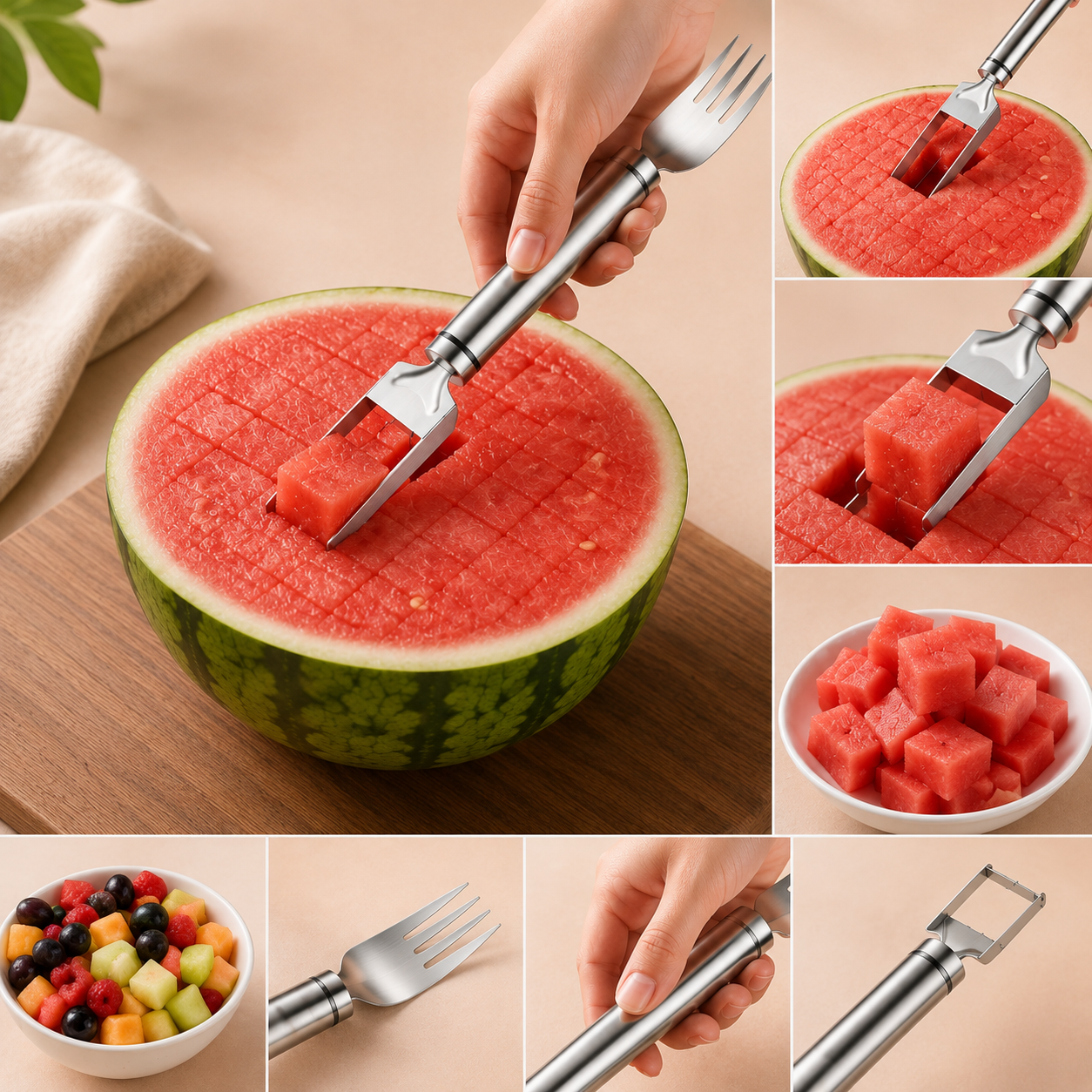Wassermelonengabel Edelstahl 2-in-1 Schneider und Gabel -    Zorenza