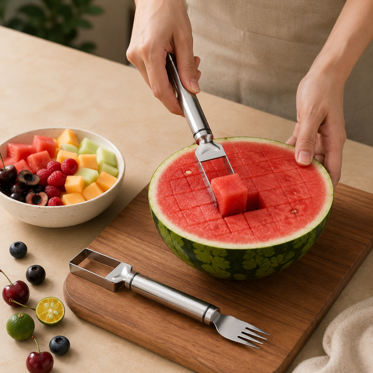 Wassermelonengabel Edelstahl 2-in-1 Schneider und Gabel -    Zorenza