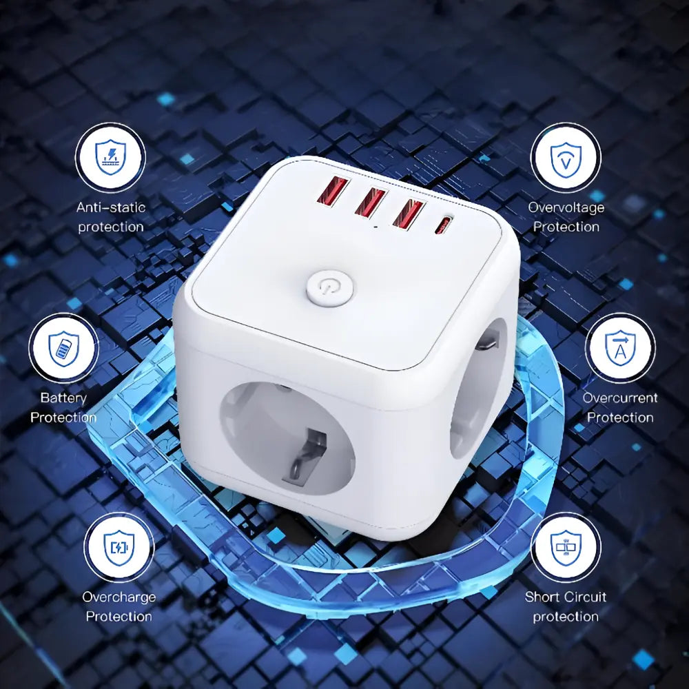 Würfel-Steckdosenleiste mit USB & Type-C – 7-in-1 Ladestation Zorenza