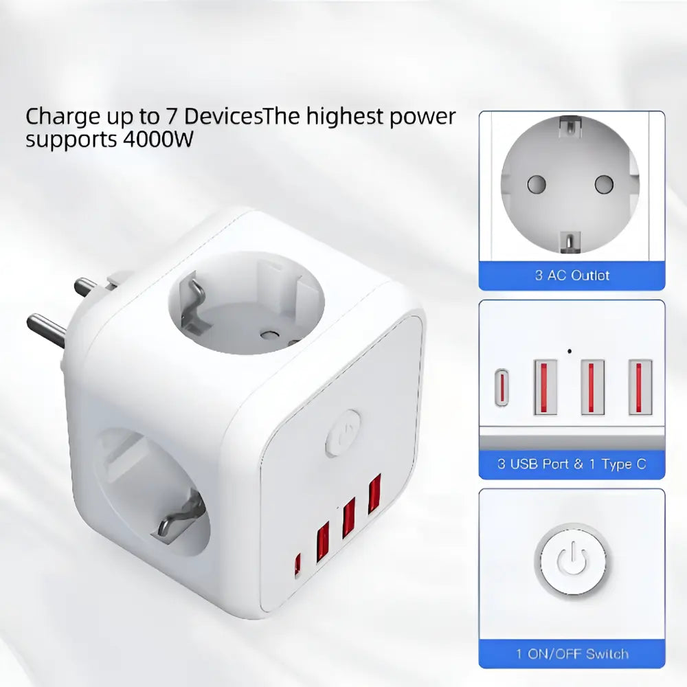 Würfel-Steckdosenleiste mit USB & Type-C – 7-in-1 Ladestation Zorenza