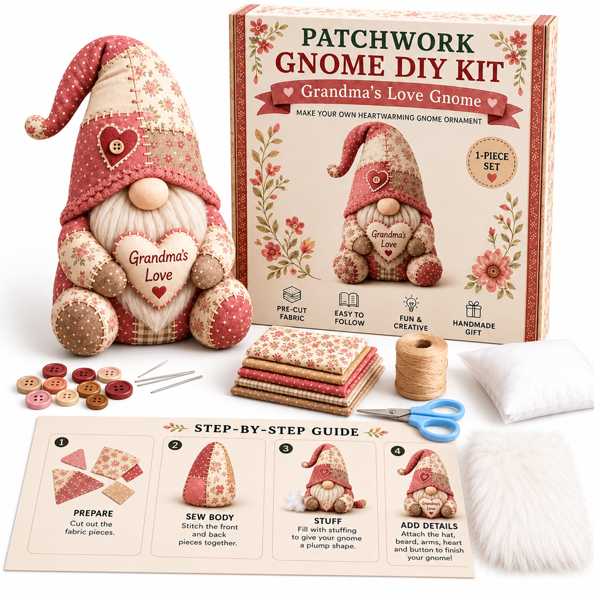 Patchwork-Wichtel Nähset – DIY Gnom zum Selbernähen, komplett mit Füllwatte & Plüschbart -    Zorenza