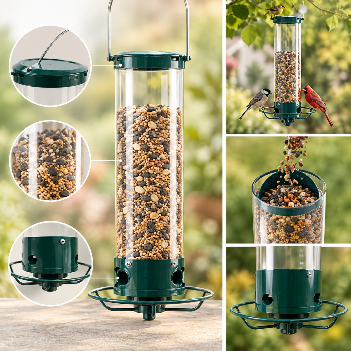 Vogelfutterspender Eichhörnchensicher mit 4 Futterstellen -    Zorenza