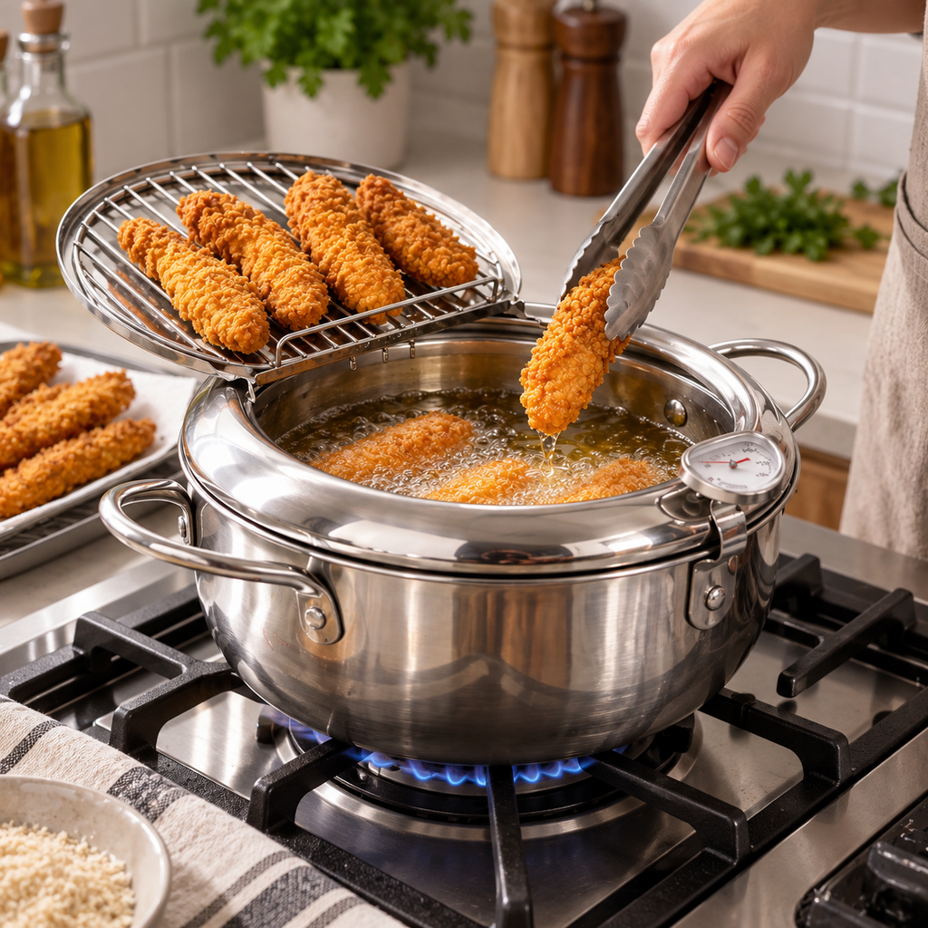 Frittiertopf Edelstahl mit Thermometer und Ölablauf -    Zorenza