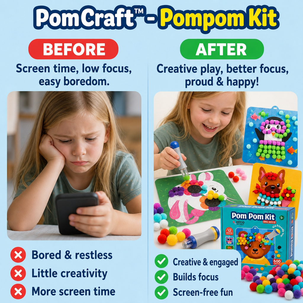 Pompom-Bastelset mit 600 bunten Pompons und 12 Tiermotiven -    Zorenza