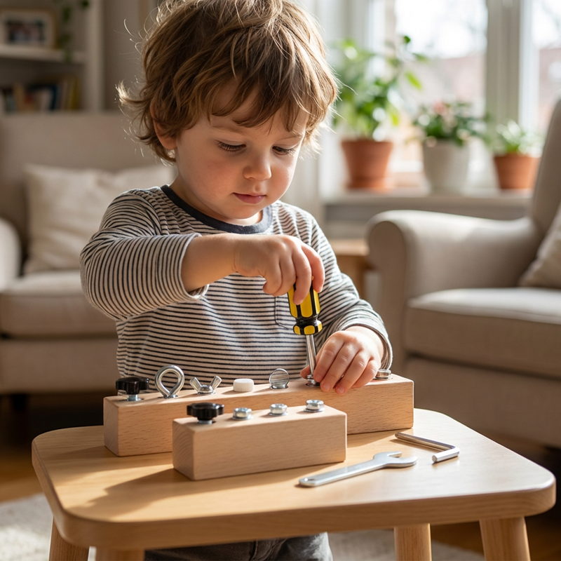 Schraubbrett aus Holz für Kinder – 8 verschiedene Befestiger Zorenza