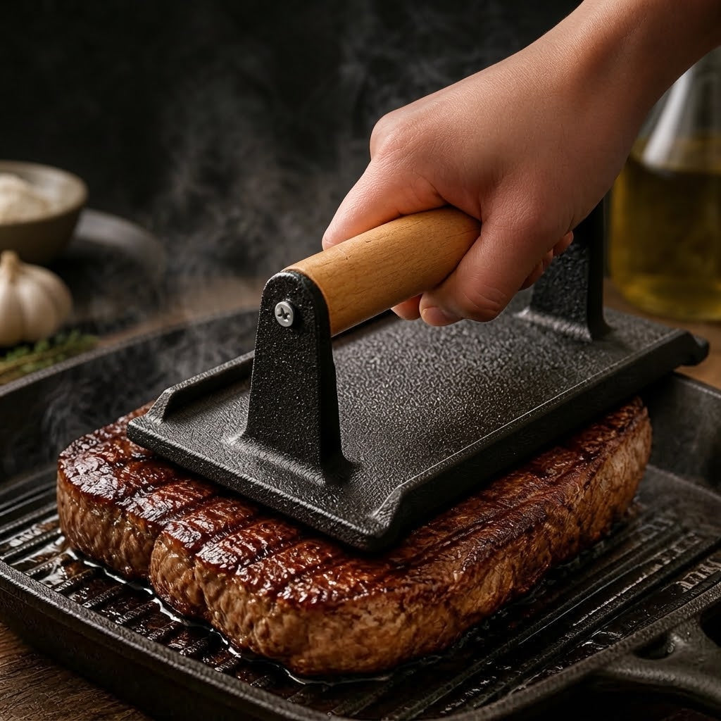 Grillpresse Gusseisen mit Holzgriff -    Zorenza