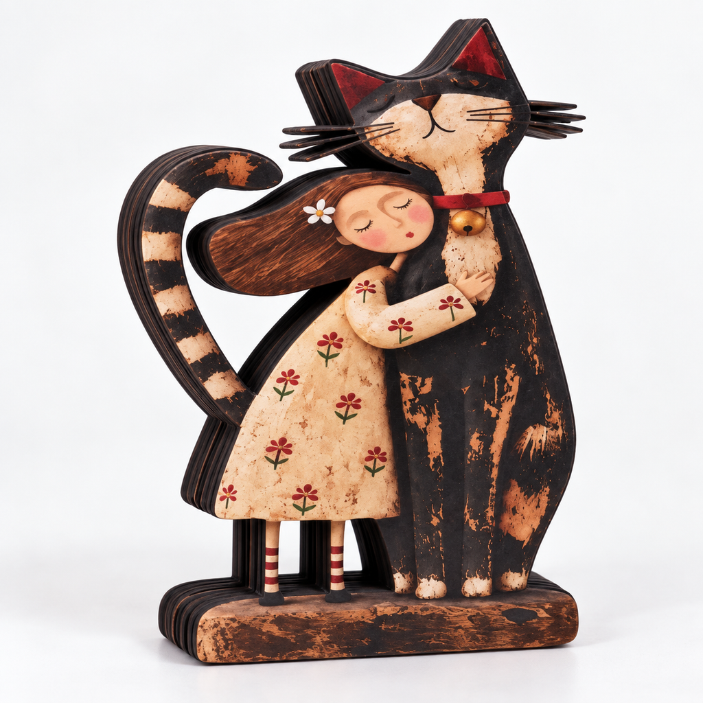 Holzfigur Mädchen mit Haustier – Handgeschnitzt -    Zorenza