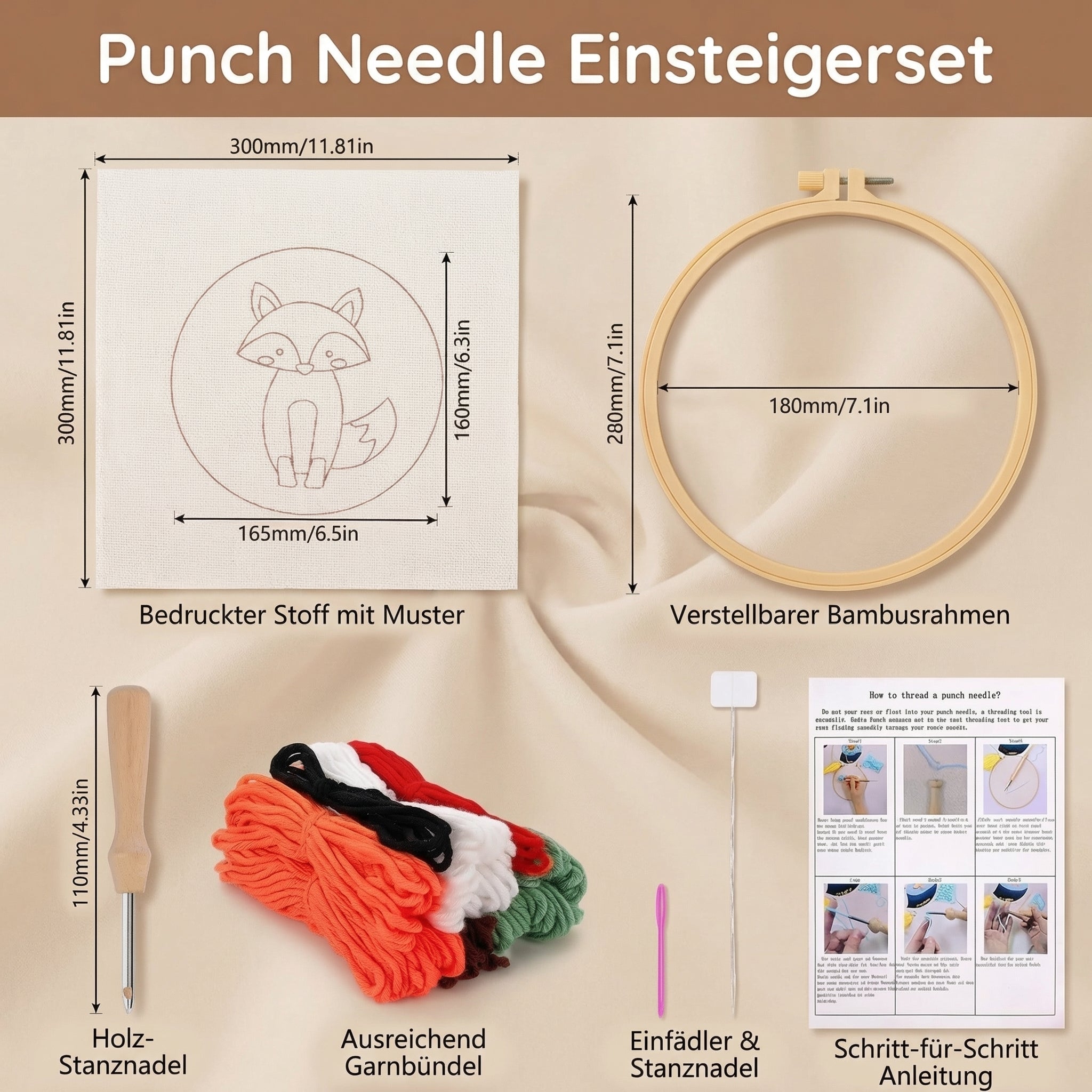 Punch Needle Set mit bunter Wolle und Stickrahmen -    Zorenza