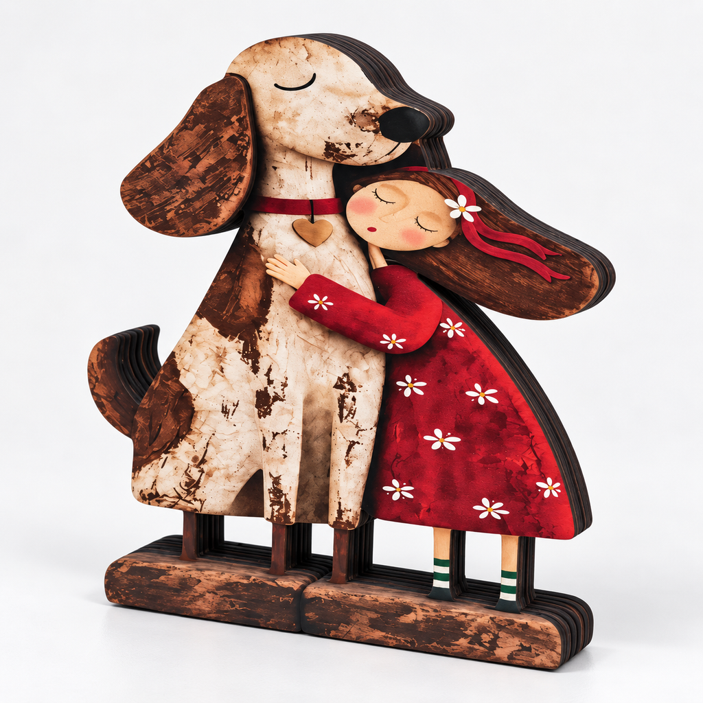 Holzfigur Mädchen mit Haustier – Handgeschnitzt -    Zorenza