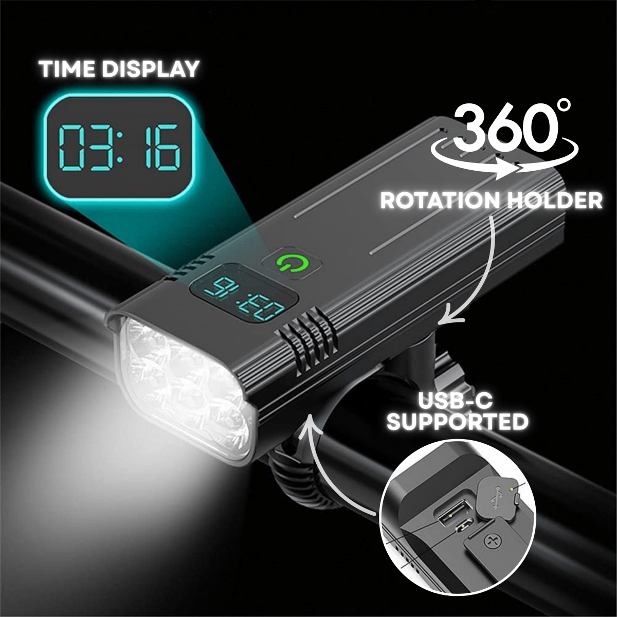 Fahrradlicht LED 5000 Lumen mit USB-C Akku und Zeitanzeige -    Zorenza