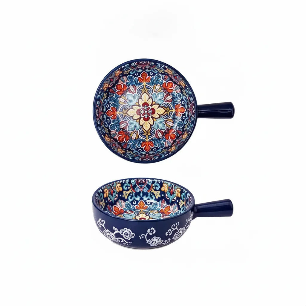 Keramikschüssel mit Griff – Handbemaltes Boho-Design -    Zorenza